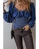 Azura Exchange Темно-синяя джинсовая блузка с V-образным вырезом и присборенными рукавами-фонариками