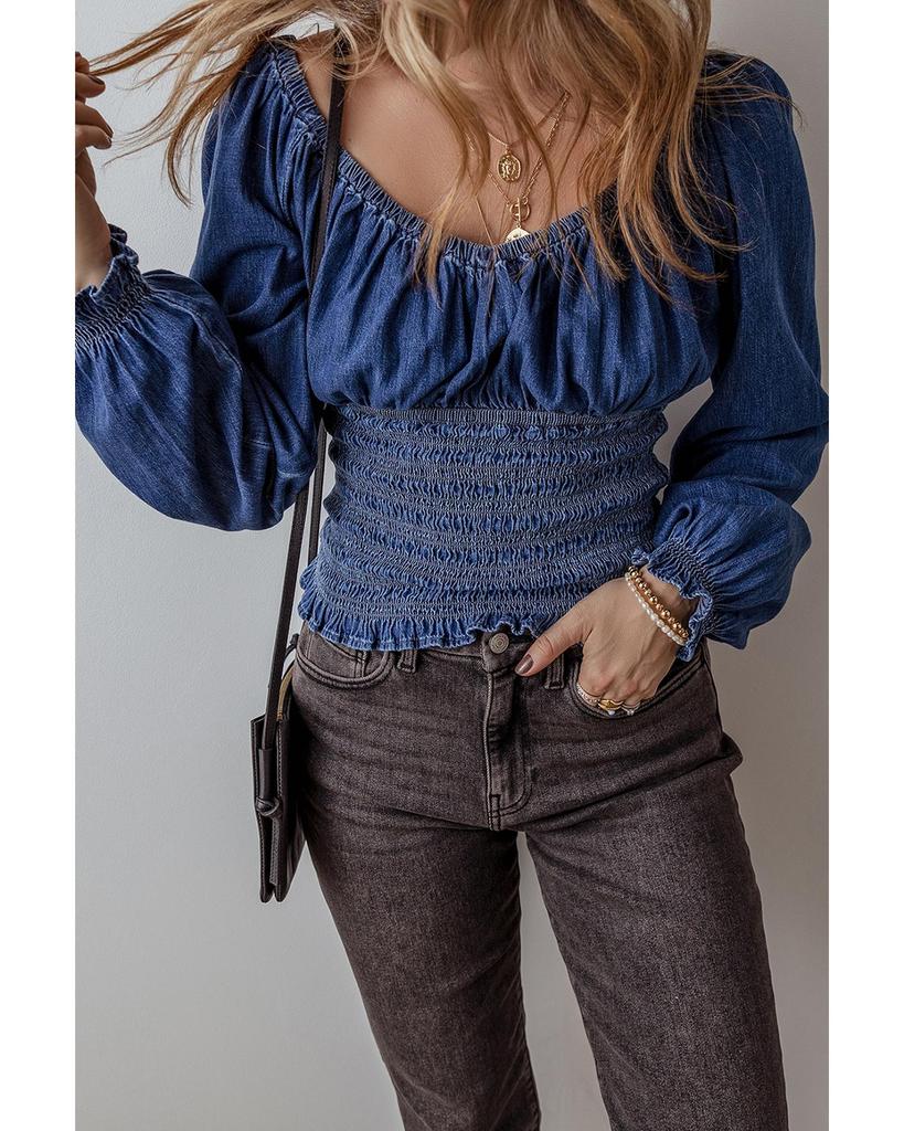 Azura Exchange Темно-синяя джинсовая блузка с V-образным вырезом и присборенными рукавами-фонариками