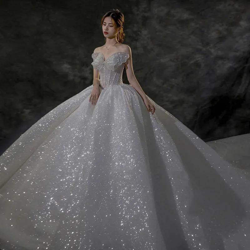 Французский бант Свадебное платье без бретелек - Сверкающее роскошное свадебное платье, Принцесса бальное платье из блестящего тюля с корсетом