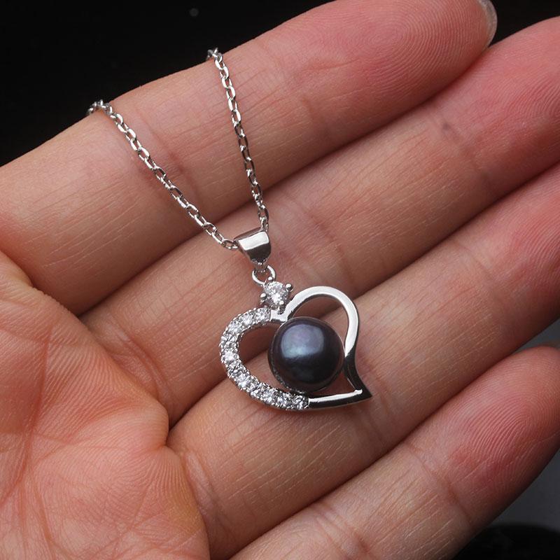 Real Natural Black Pearl Pendant Jewelry Woman,Trendy 925 Silver Pearl Heart Pendant Wife Mother Anniversary Gift White Pink