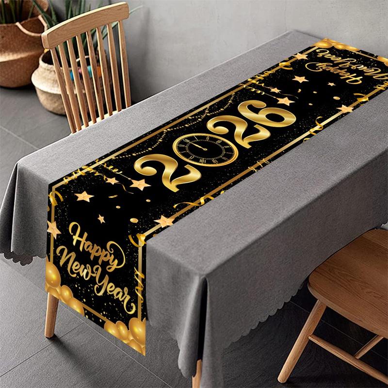 2026 Happy New Year Table Runner Fireworks Champagne Polyester Table Cover For New Year Party Kitchen Dining Table Decorations
