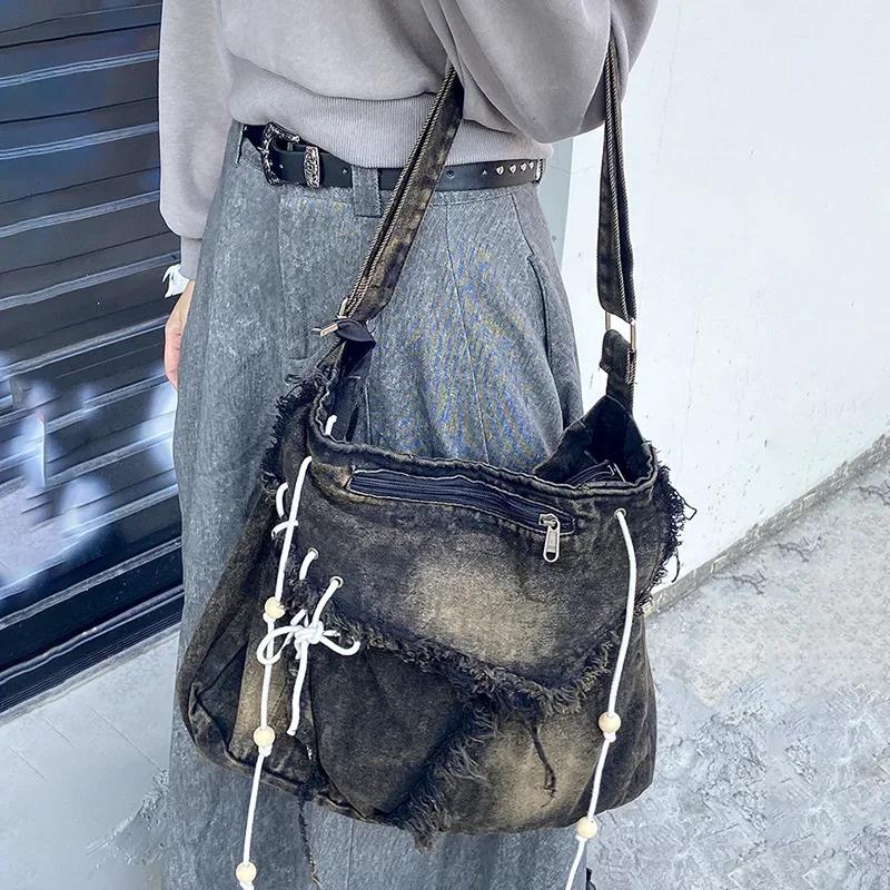 Washed Denim Women Shoulder Bag Large Capacity Student Zipper Messager Handbags