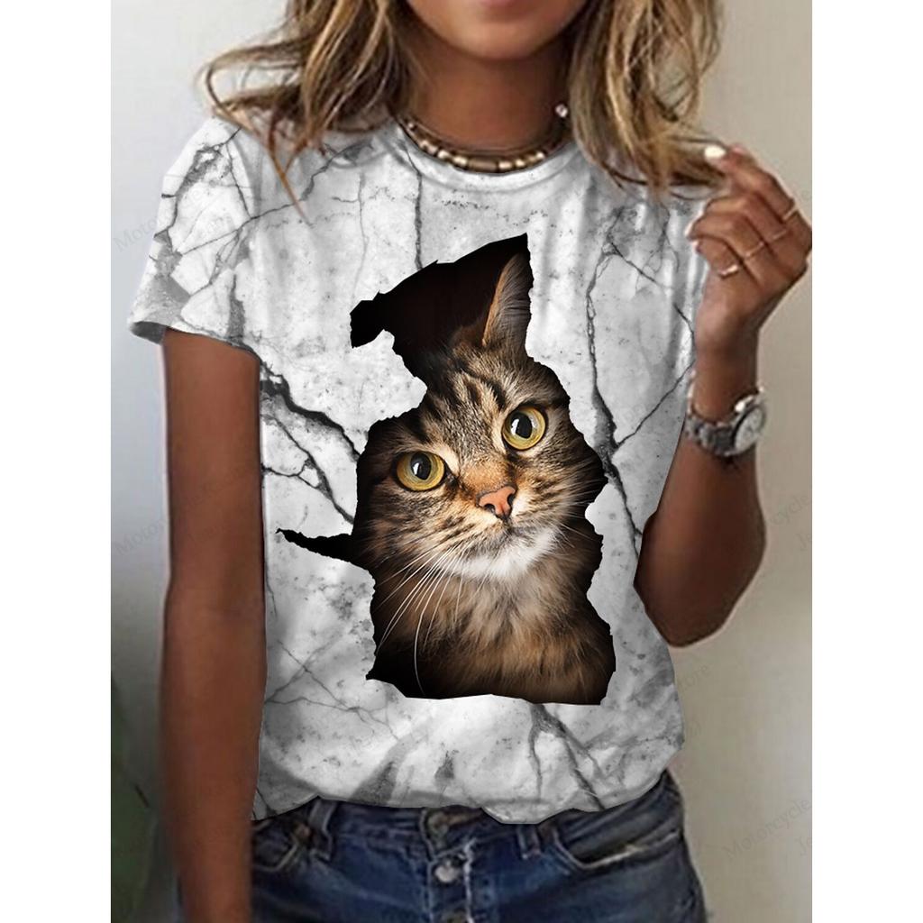 Летний женский топ с милым 3D-принтом кота, женская модная футболка с круглым вырезом и коротким рукавом, топы с изображением животных, футболки, одежда Y2k