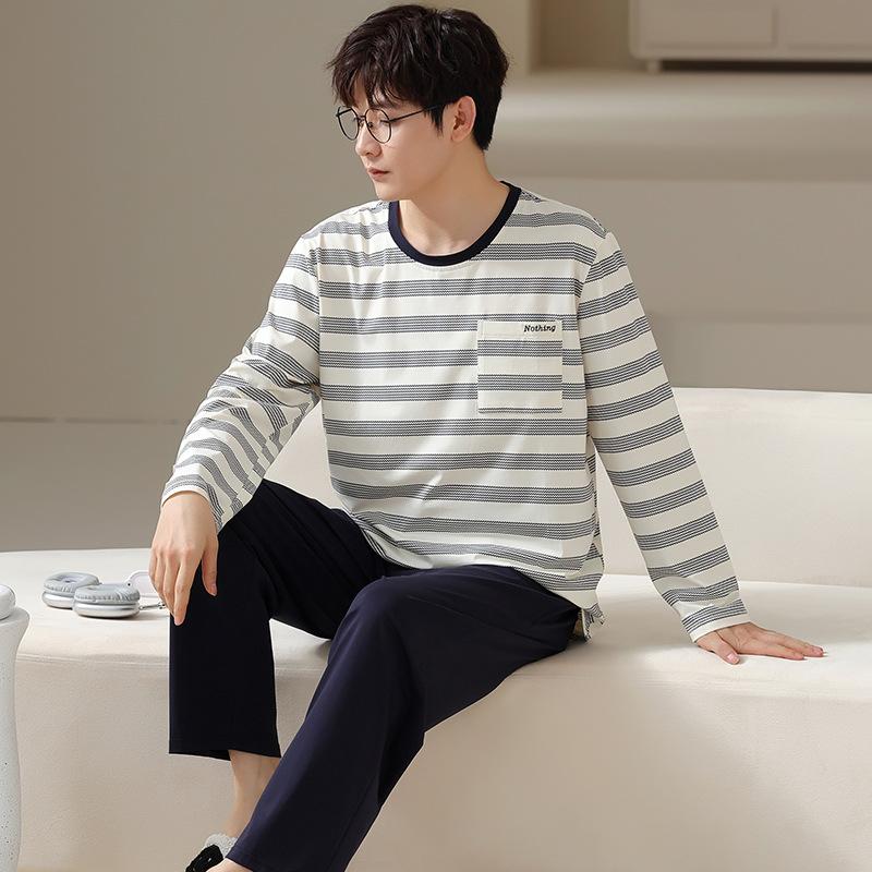 Тип Пижамный костюм из чистого хлопка на осень-зиму для мужчин с длинными рукавами из хлопка, комплект домашней одежды для мужчин, мягкая домашняя одежда для мужчин