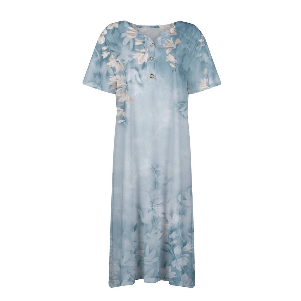 Women's Summer Casual Printed V-Neck Short-Sleeve Swing Dress