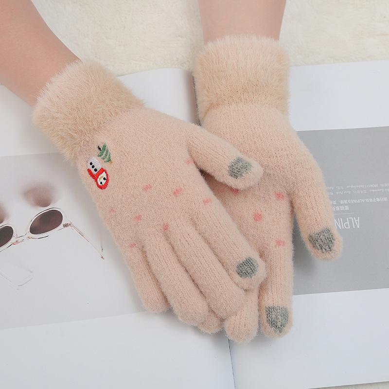 Перчатки с сенсорным экраном женские осенне-зимние милые вязаные мультяшные плюшевые утолщенные шерстяные перчатки для пальцев зимние для верховой езды теплые