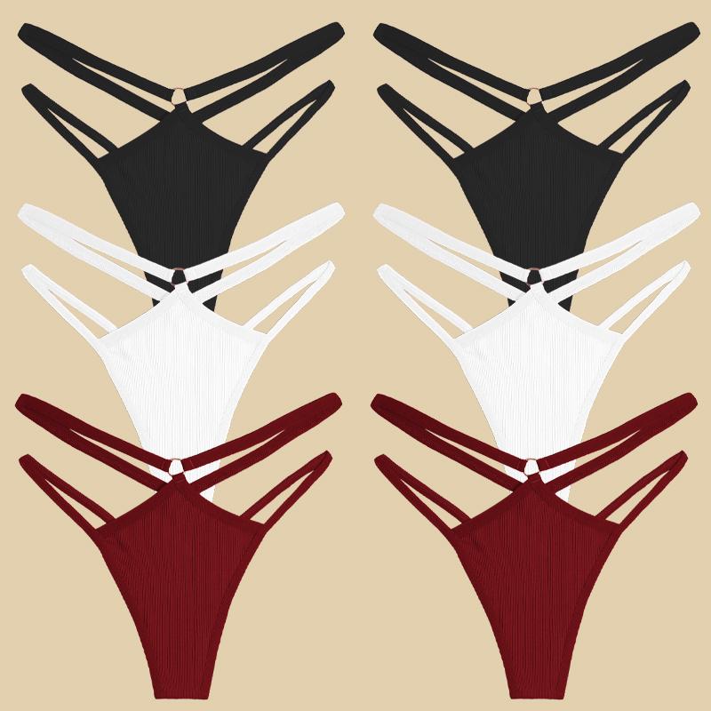 FINETOO 6Pcs Cotton Double Belts Underwear Women Sexy Metal Ring Thongs Low Waist Erotic Lingerie Breathable Comfort Intimates