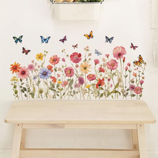 2 Sheets Living Room Wall Stickers Flower Butterflies Pattern Colorful Decals Self-adhesive Wall Art Murals Living Room Bedroom Decor
