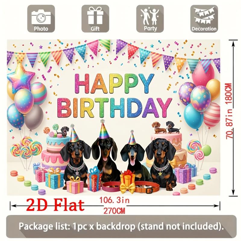 Vibrant Rainbow-Lettered Happy Birthday with Festive Bunting, Colorful Balloons, Gift Boxes and Four Dachshunds in Party Hats, Birthday