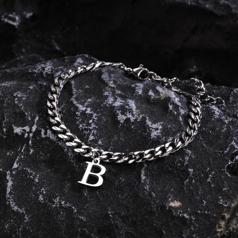 Mens Initials Cuban Links Bracelets,Stainless Steel A-Z 26 Letters Alphabet Charm Chain Wristband Adjustable,Casual Jewelry Gift