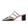 New Nude Patent Leather Thick Heel High Heel Bag Head Half Slippers Women Wear Versatile Rivets Pointed Cool Slippers Summer