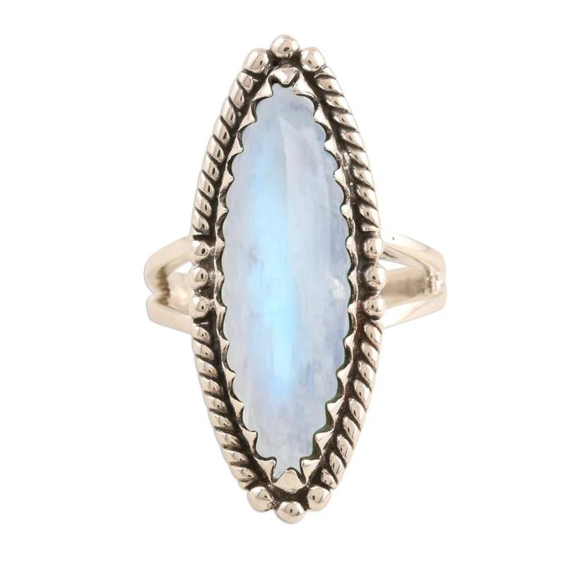 Кольцо с драгоценным камнем из лунного камня Стерлинговое серебро 925 пробы Ювелирные изделия ручной работы Твердое кольцо для женщин Подарок для особых случаев - прибл. 8,1 г