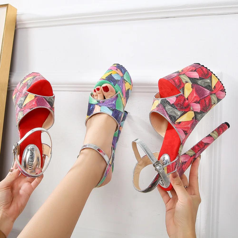 Модные Унисекс 20см Металлические Тонкие Высокие Каблуки Платформа Сандалии Ремешок на Щиколотке Туфли Женские Лодочки ЛЕТО Открытый Носок Шпильки zapatos mujer