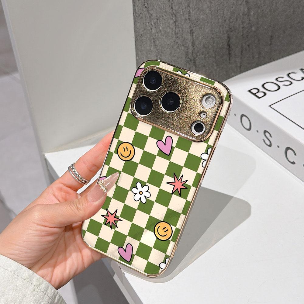 Чехол для телефона 'Счастливый старт' для iPhone 17 16 15 14 13 12 11 Pro Max 16E Золотой гальванизированный стеклянный корпус Клетчатый Чехол с милыми иконками