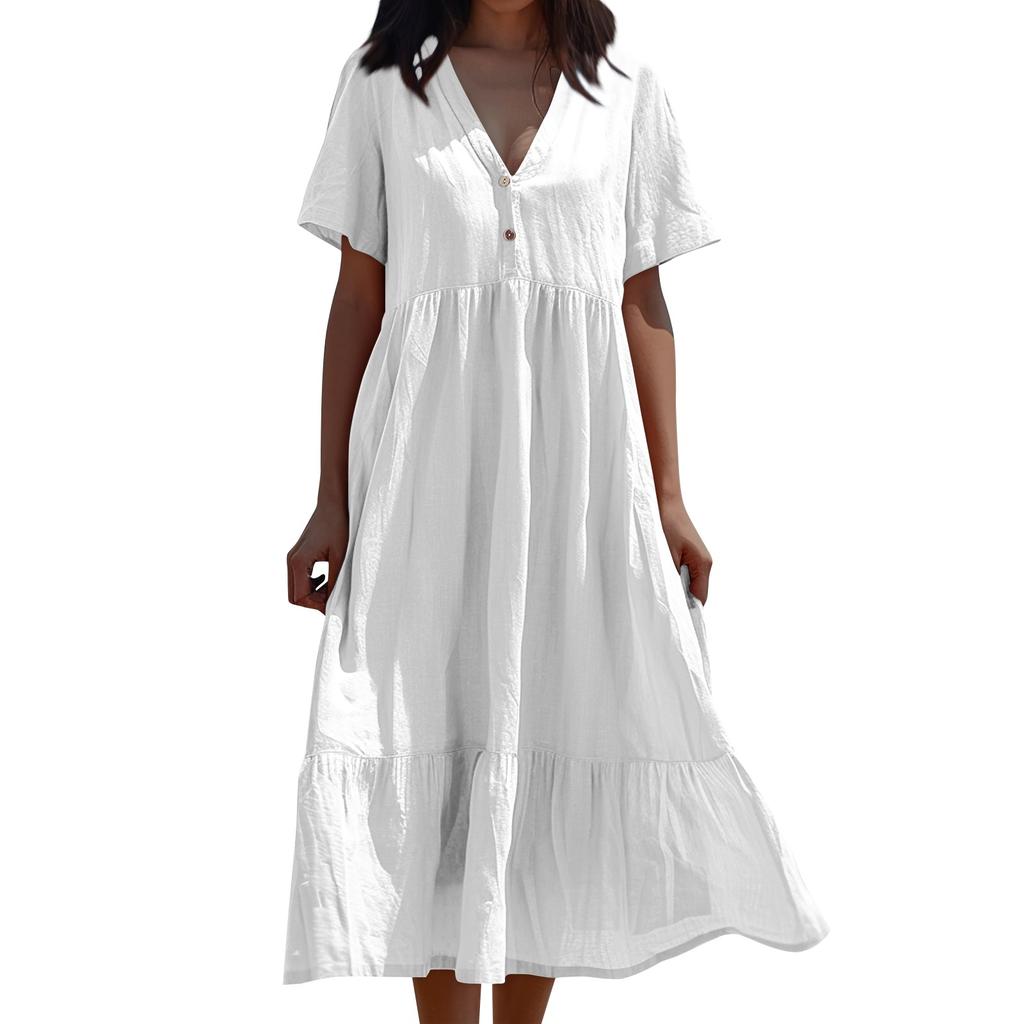 Женское летнее однотонное платье с короткими рукавами и кружевом на пуговицах с v-образным вырезом и большим подолом