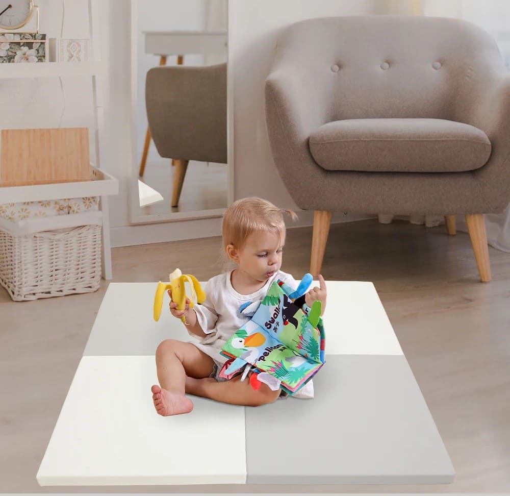 Gymnastic mattress Satellite 150x150x4 cm four-piece - white-grey