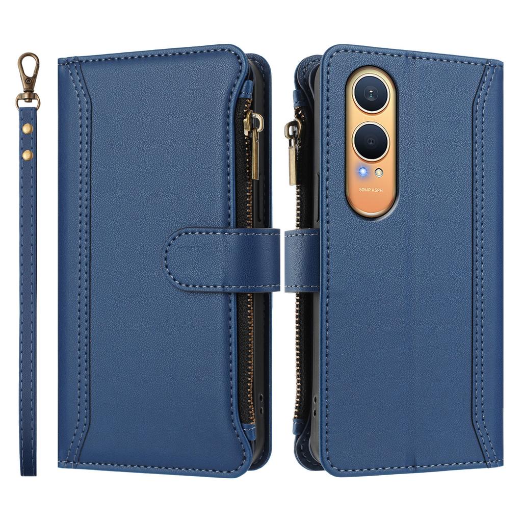 For Oppo K12x 5G (China)/OnePlus Nord CE4 Lite 5G Leather Case 9 Card Slots Zipper Wallet Stand Phone Cover with Wrist Strap