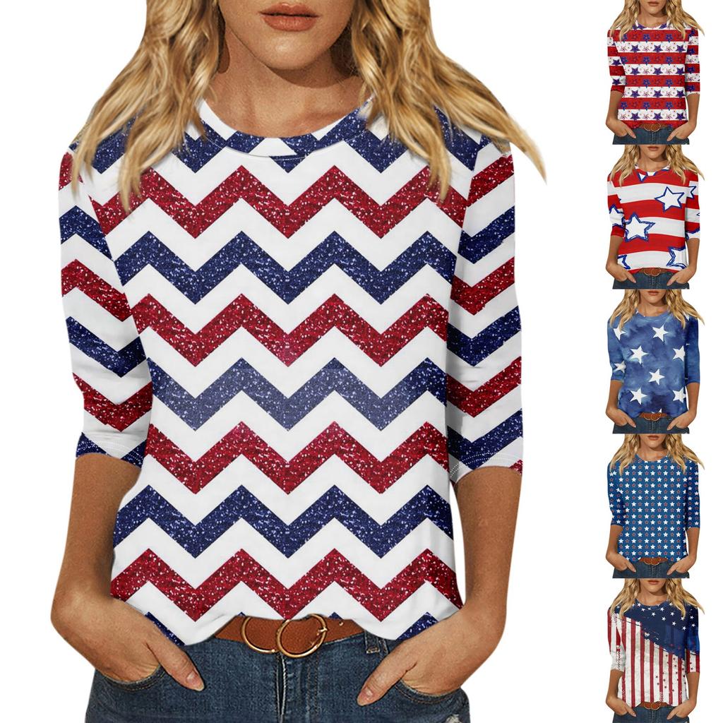 Women's Fashion Casual Round Neck 3/4 Sleeve Loose Independence Day Printed T-Shirt Ladies Top