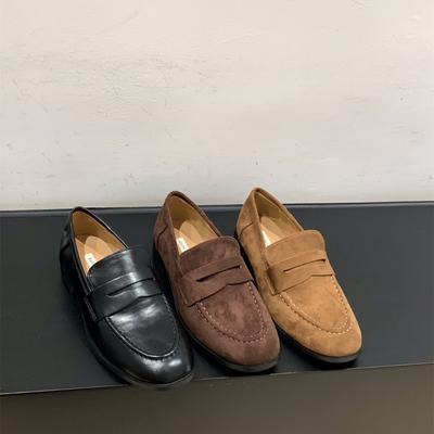 Лоферы на толстом каблуке, из замши, в стиле ретро, с круглым носком, женская обувь 2025, новые весенне-осенние универсальные маленькие кожаные туфли в британском стиле