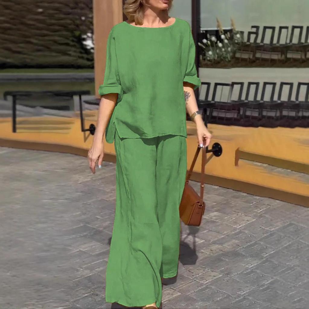 2024 Women's Summer Cotton & Linen Solid Color Casual Suit with Loose Trousers