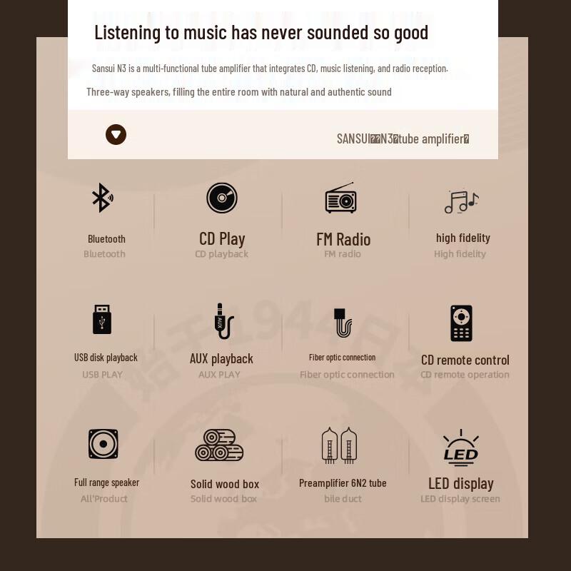 HiFi Bluetooth-колонка SANSUI N3 с ламповым усилителем и CD-плеером, штекер CN (адаптер в комплекте) (Китайская версия)