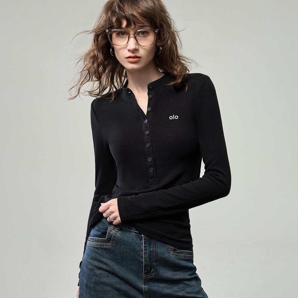 Women's Brushed Button Henley Long Sleeve T-Shirt - Autumn 2025 Print Slim Base Layer Top