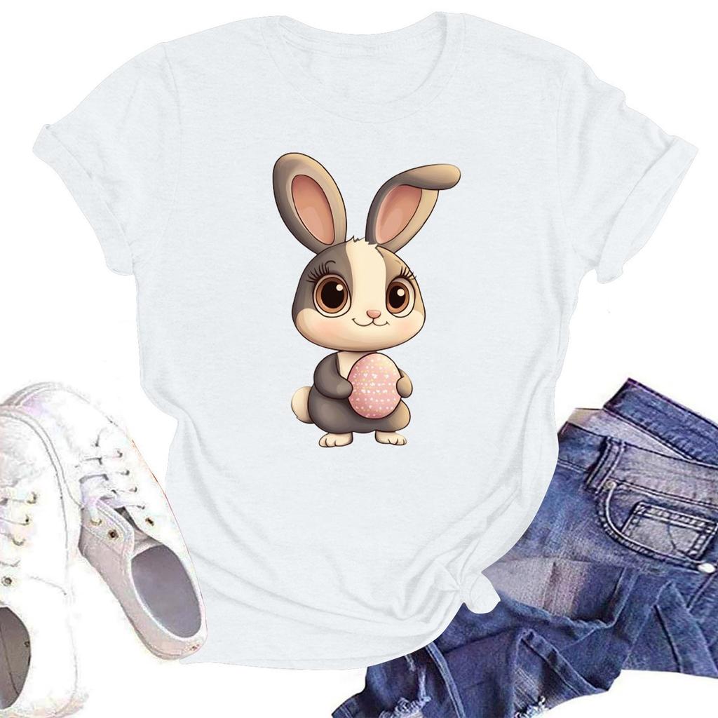 Happy Easter Women's Fashion Printed Round Neck Short Sleeve T-Shirt Pullover Top
