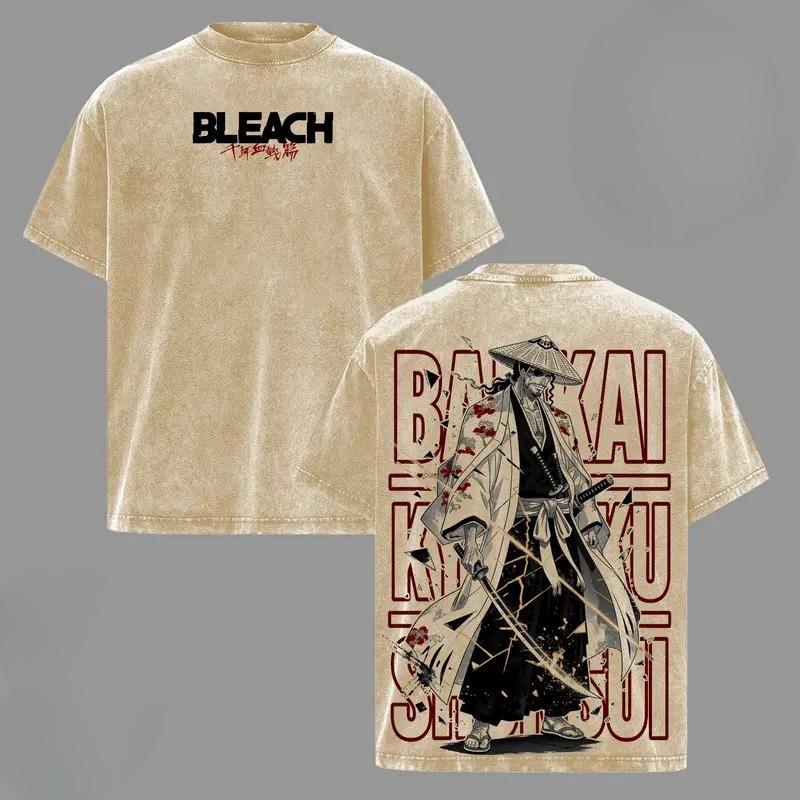 Anime BLEACH Kyoraku Shunsui Printed Tee Men Women Cotton Tshirts Vintage Washed T-shirt Harajuku Unisex Oversized T Shirt