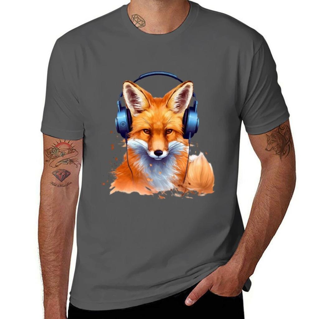 Red Fox Wearing Headphones TShirt Outdoor Sports Short Sleeve Top