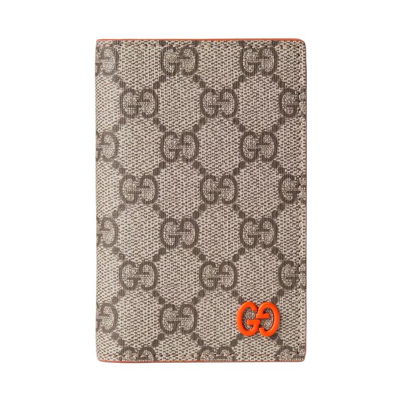 Gucci Double G logo ceramic effect finish flip closure, artificial leather card holder, men's style, beige and dark brown