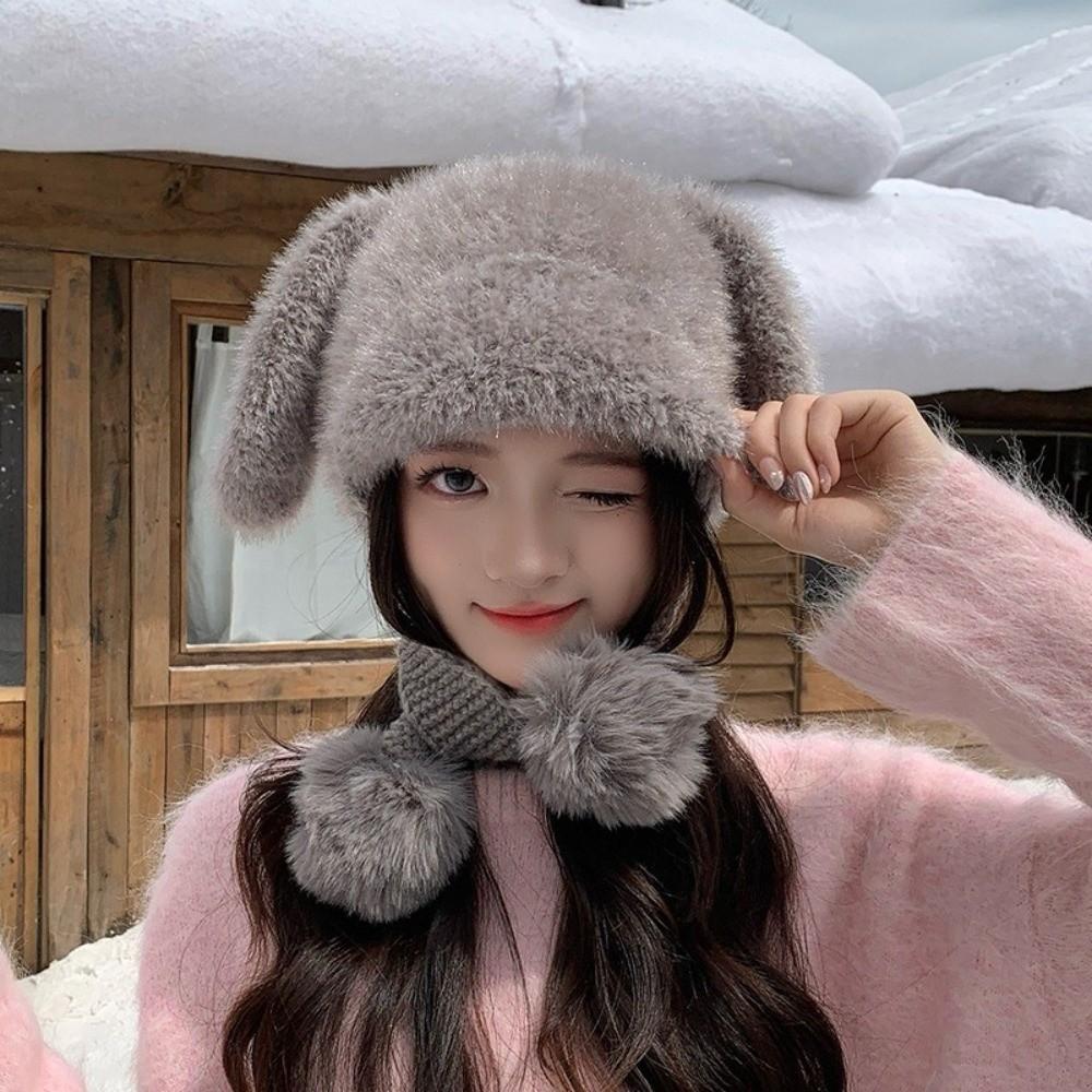 Fluffy Texture Bunny Ear Beanie Warm Lining Plush Slouchy Hat Soft Fuzzy Knit Hat Cold Weather