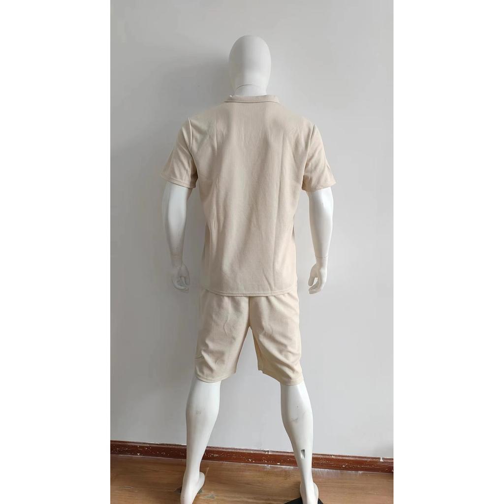 2024 Summer New Embroidered Men's Waffle V-neck Short Sleeved Shorts Two Piece Set with Polo Collar