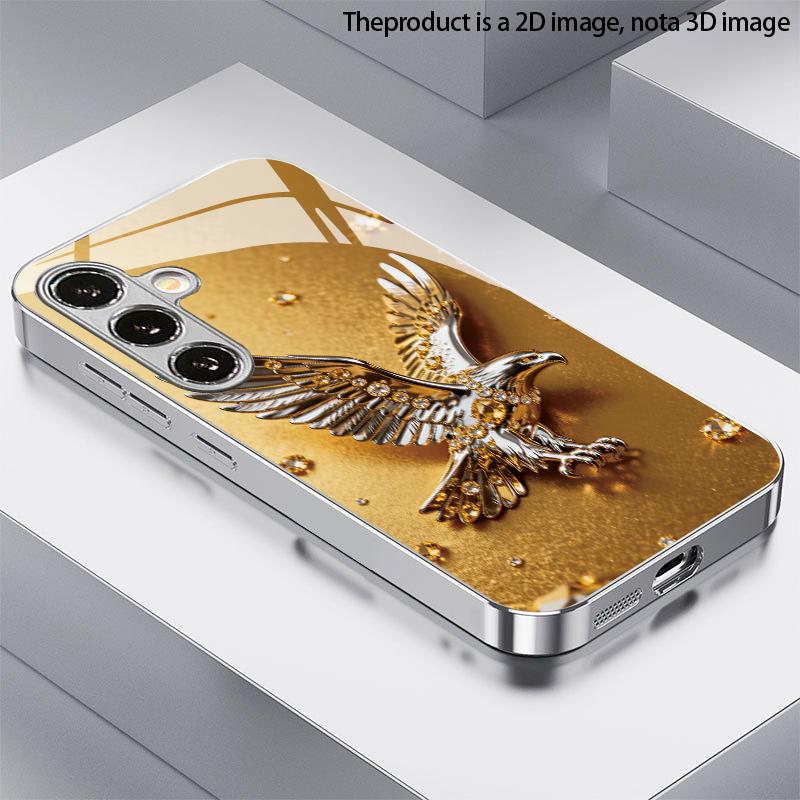 Золотой Орел 2D Чехол для Телефона с Инкрустацией Алмазами для Samsung S26 S25 S24 S23 S22 S21 S20 A56 A36 A16 - Стеклянная Защитная Крышка