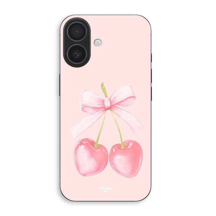 Coque de téléphone - MANIACASE - Iphone 16 - Silicone - Souple - Cerise noeud fond rose pastel