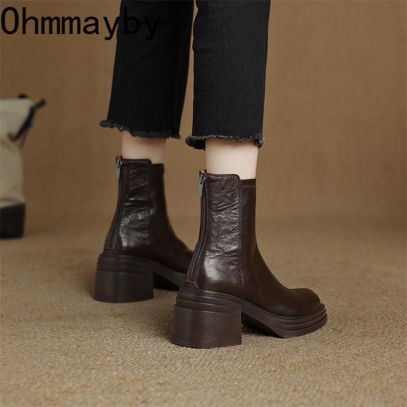 Vintage Platform Heels Women Ankle Boots Fashion Round Toe Stretch Slim Short Booties Shoes Mujer