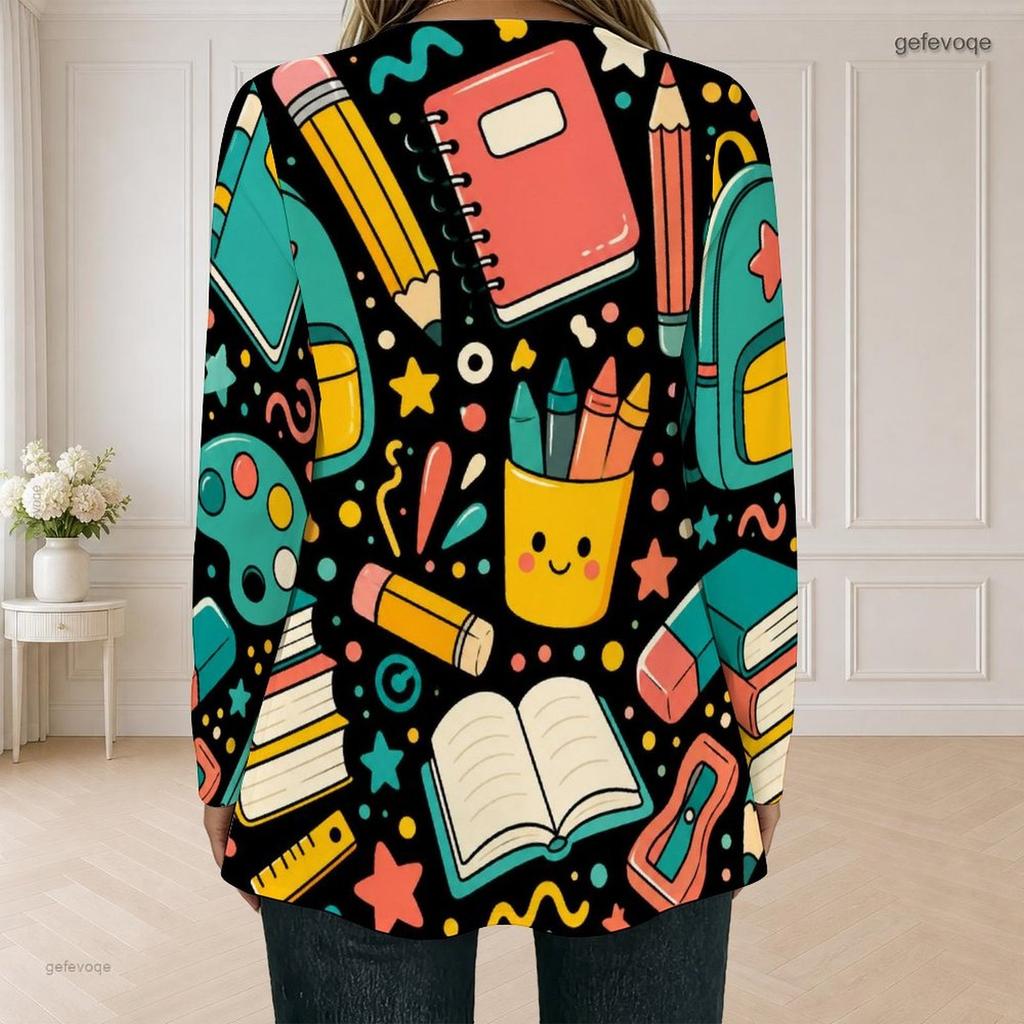 Women Plus Size Square Neck Long Sleeve Cartoon Excavator Print Faux Two Piece T Shirt
