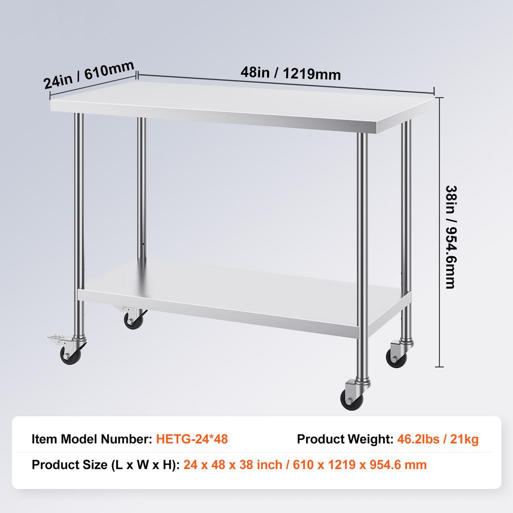 SucceBuy Stainless Steel Work Table with Wheels 3 Adjustable Height Levels Heavy Duty Food Prep Worktable for Commercial Kitchen