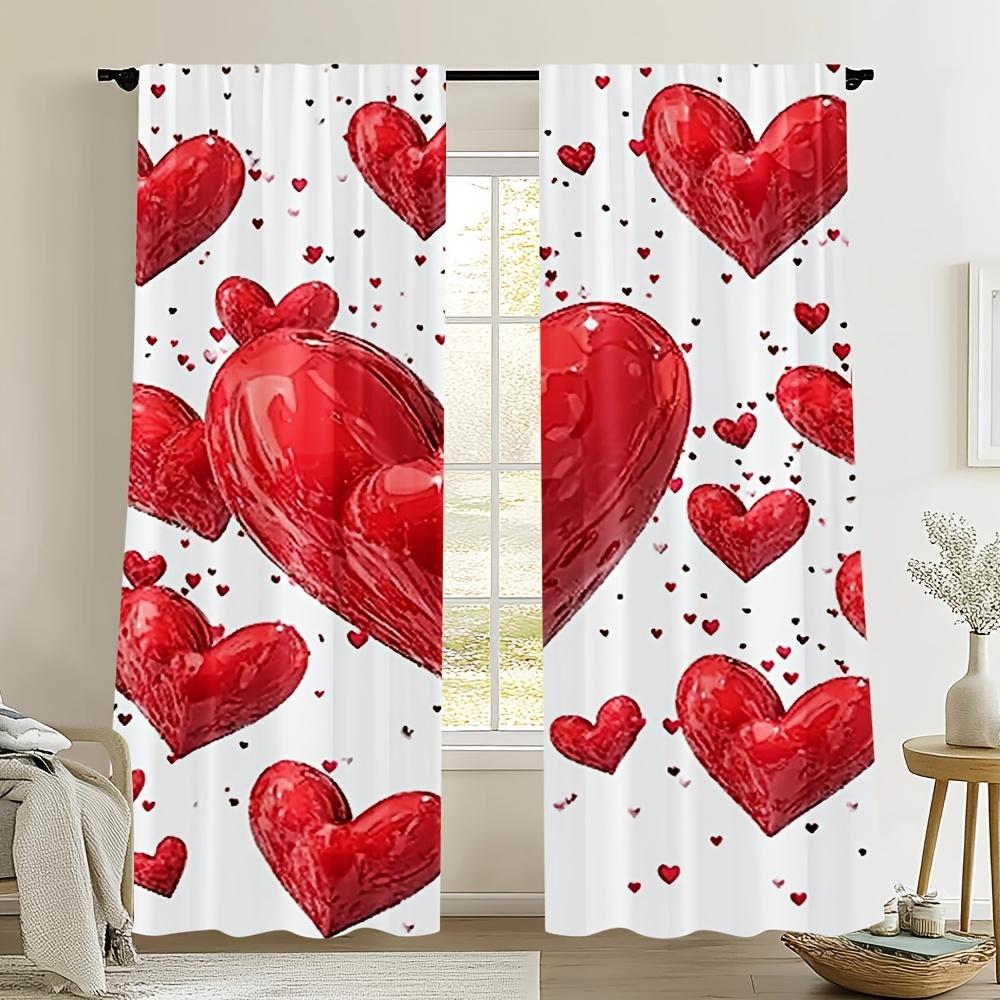 2pc Valentine's Day red heart printed curtains, polyester fabric, machine washable, suitable for living room bedroom decoration