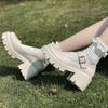 Women's Retro Mid-High Heel White Mary Jane Shoes - Spring 2024, Round-Toed, Thick-Soled, Japanese JK Leather, British Style.