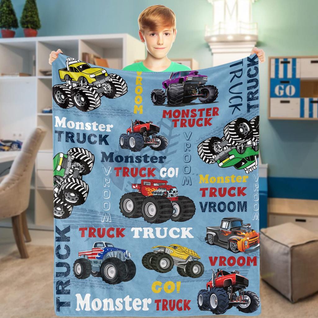 Синий плед Monster Truck Cartoon Cars Flannel Пледы для детей и мальчиков на все времена Трек Кровать Диван Одеяло King Queen Size