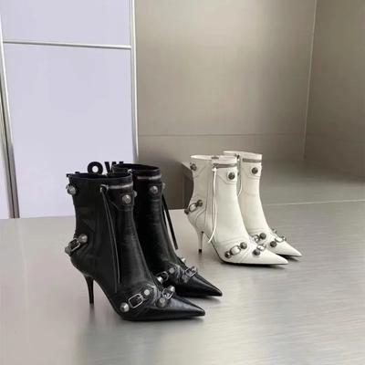 Модные горячие продажи высокие тонкие каблуки ботильоны для женщин металлический декор заклепки бахрома молния с булавками носок мотоциклетные женские ботинки женская обувь