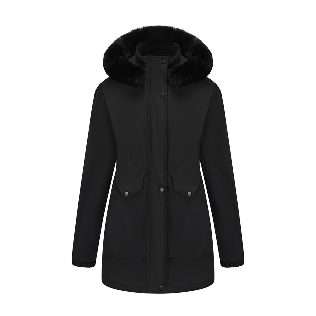 European and American-style Long Winter Parka for Women, with Fleece Lining and Large Fur Collar
