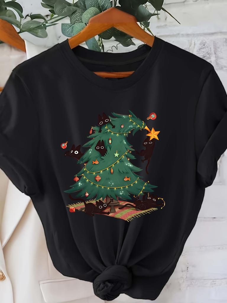 WomenS Christmas Tree Kitten Graphic TShirt Cozy Crew Neck Short Sleeve Summer Sleeved Harajuku Streetwear Tops Tees