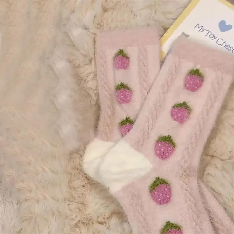 1/3 Pairs Ladies' Socks Pack Autumn Winter Thickened Warm Plush Floor Socks Pink Cartoon Cute Kawaii Sweet Mid Tube Socks Girl
