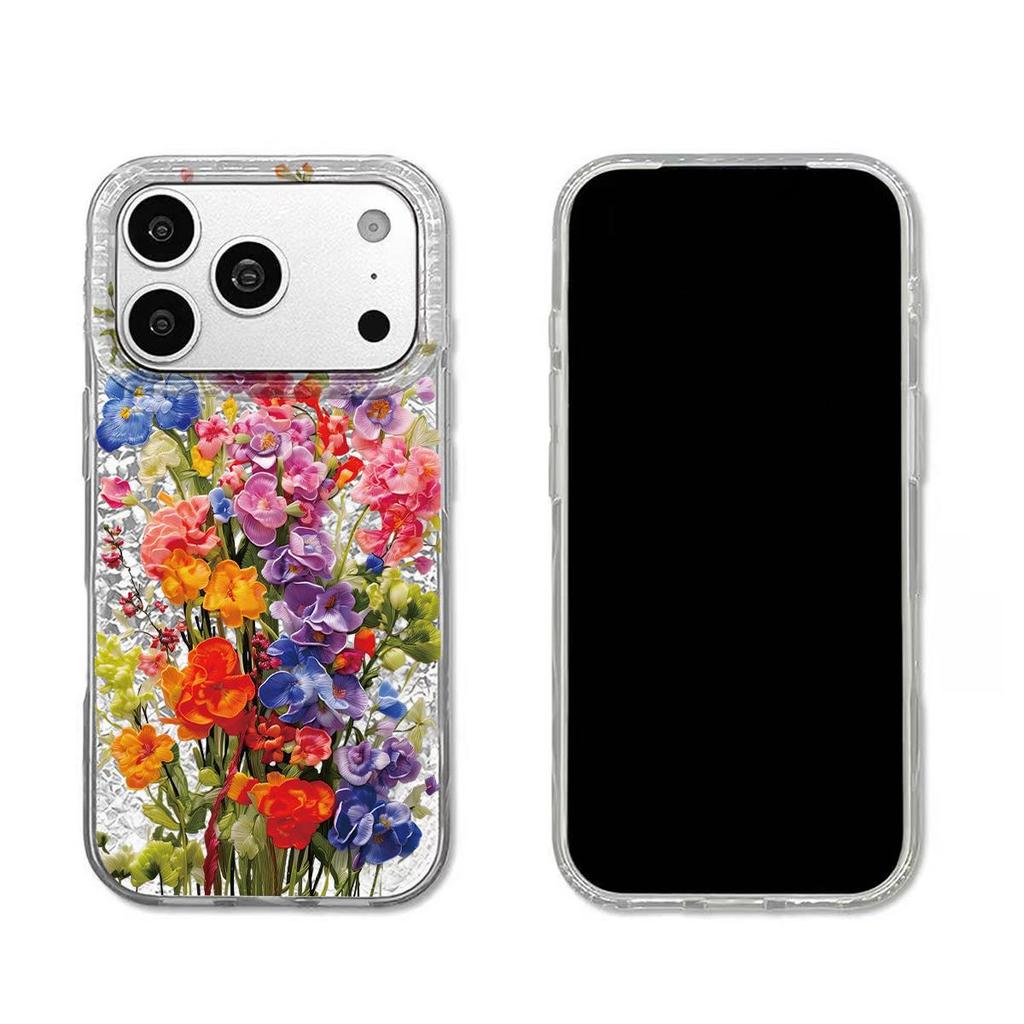 Чехол для iphone 16 Plus XS Max Air 13 18 Pro Max 11 XR 17 Pro 15 12 14 Серебряный Блеск Трескающийся Фон Цветущие Цветы