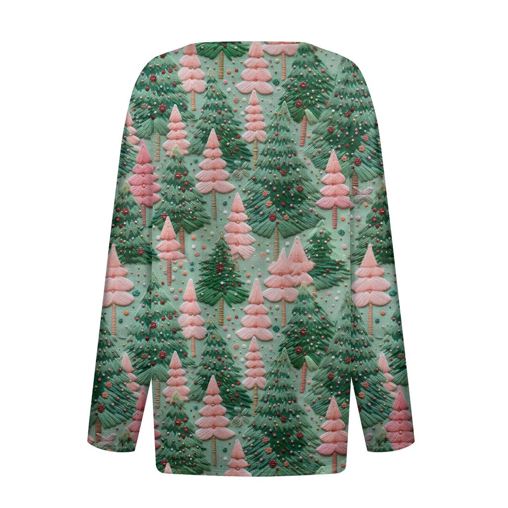 Women's Fashion Casual V-Neck Button-Up Long-Sleeve T-Shirt With Christmas Print Top