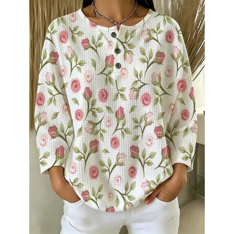 Cartoon Flower Pattern Waffle Knit Loose Drop Shoulder Pullover Shirt