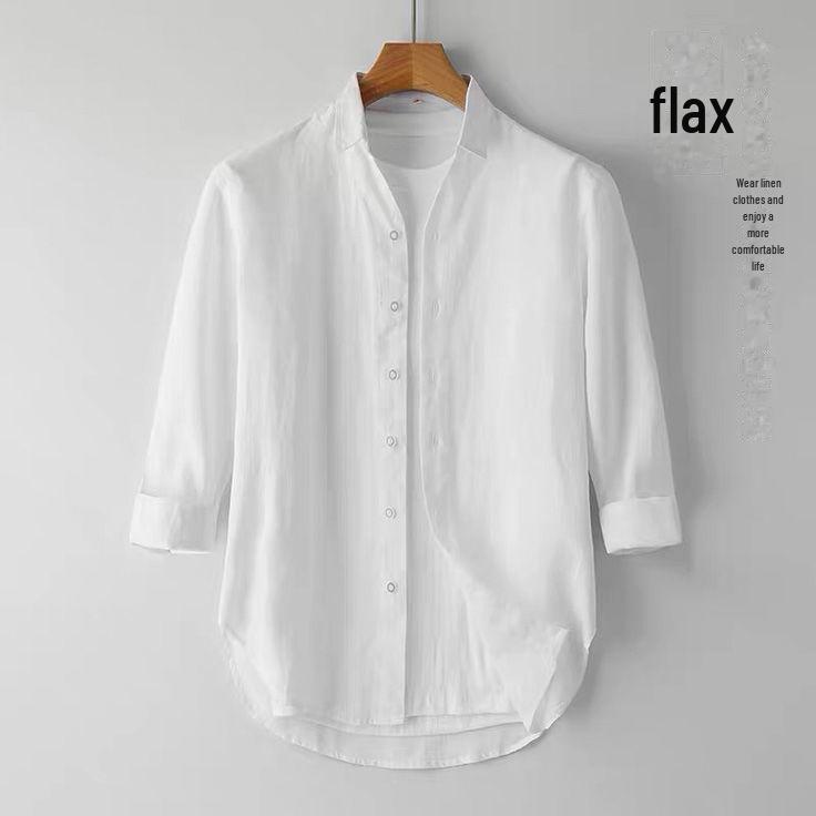 Men's Casual White Linen Shirt - Breathable, Loose-Fit, Three-Quarter Sleeve