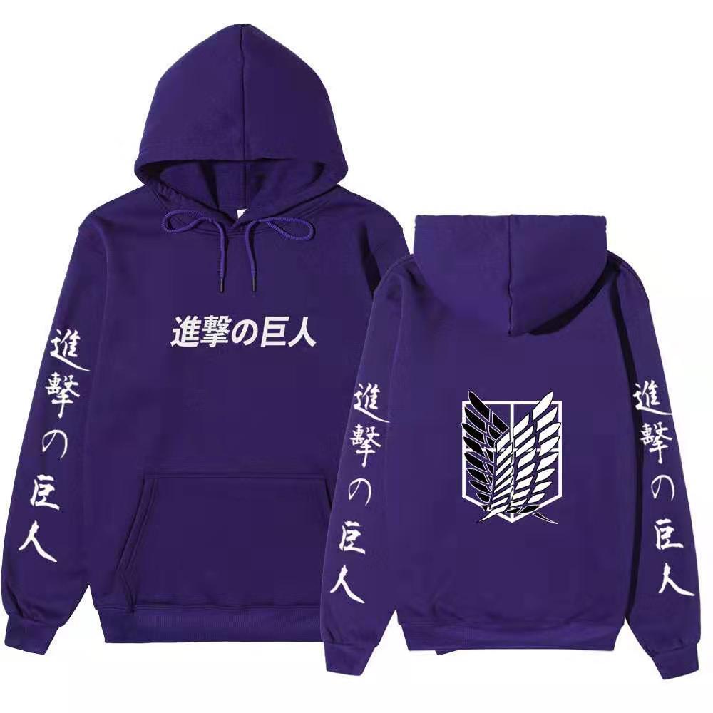 Attack on Titan Unisex Fleece Hoodie Front Japanese Text, Back Wings of Freedom Logo Autumn Winter Casual Pullover