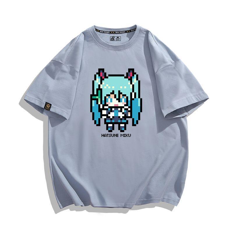 Pixel Style Hatsune Miku Anime Peripheral Animation Printing Tshirt Unisexs and Unisexs Cotton Loose Fashion Trend Summer Tshirt